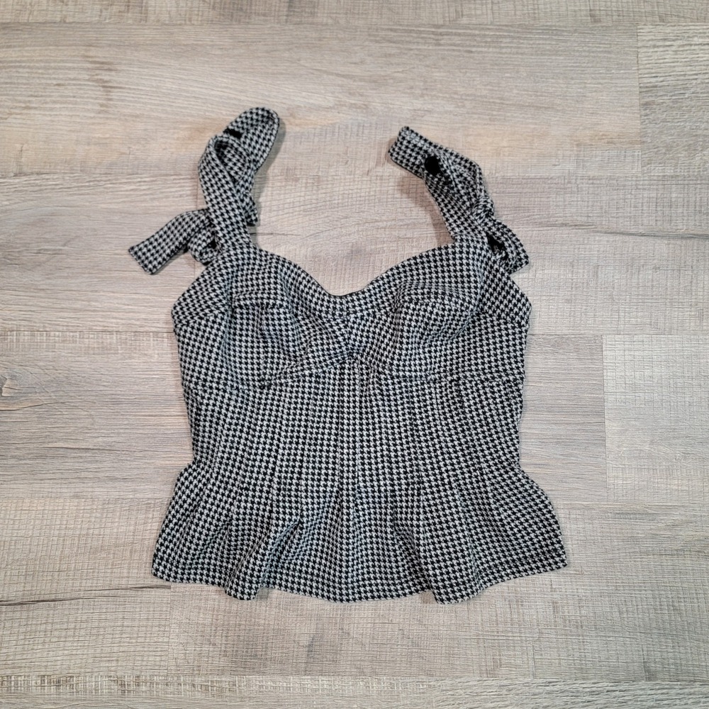 Free People Houndstooth Peplum Top Black White Tie Strap Sweetheart Neck Small